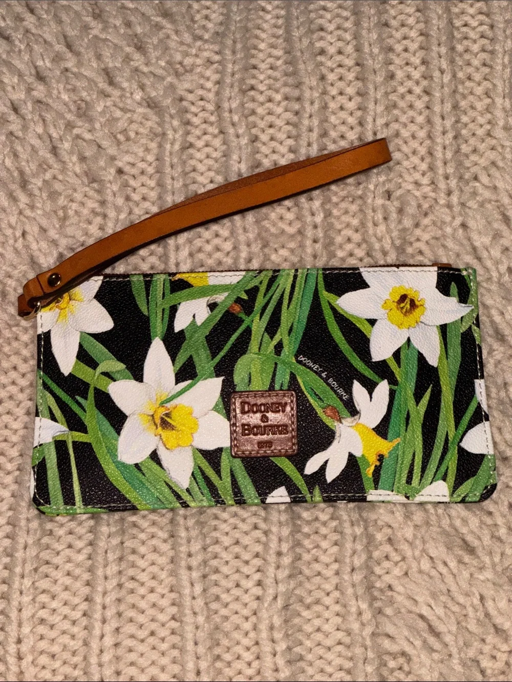 Dooney & Bourke Black Floral Card Holder Wristlet with Tan Strap